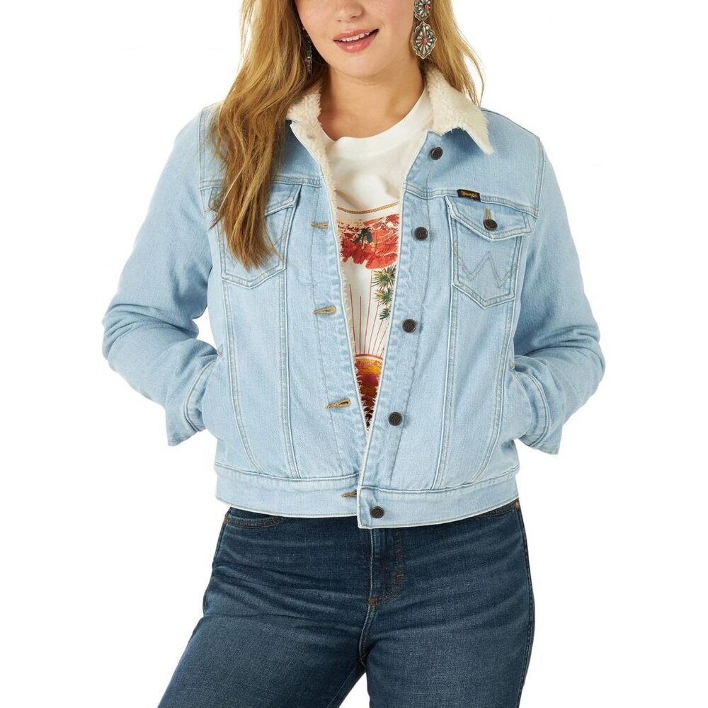 Women's Sherpa Lined Warm Denim Button Down Front Pocket Bleach Denim Jacket